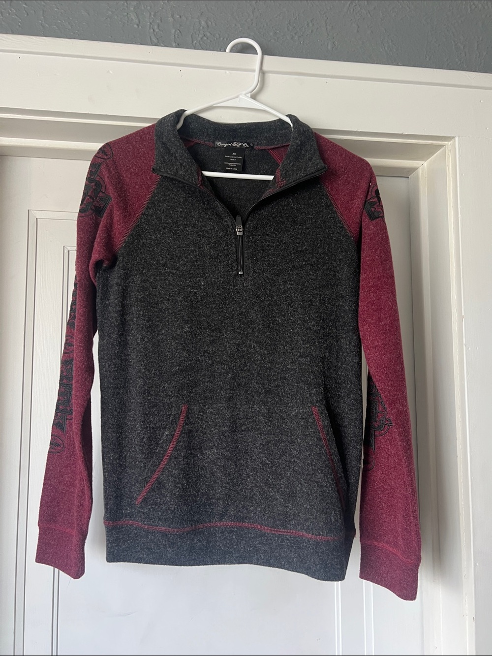 Cowgirl Tuff Co women’s  Half-Zip Sweater in Charcoal and Burgundy